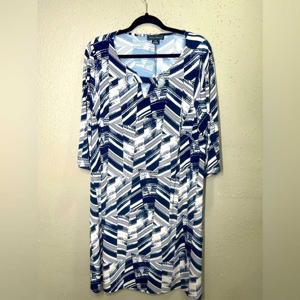 Jessica Howard Women's Tan & Blue Lightweight 3/4 Sleeve Midi-Dress; 18W